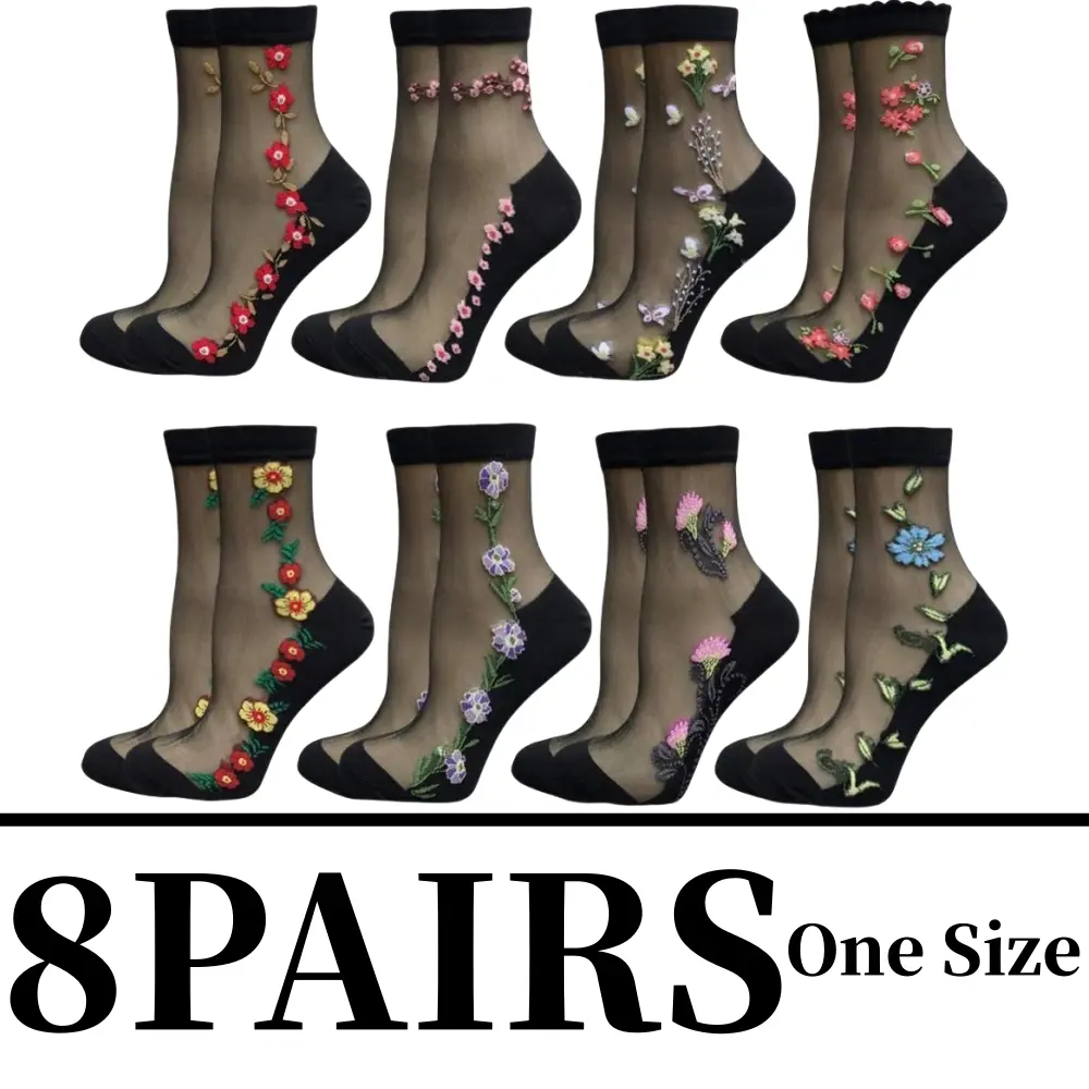 Women's 8-Pair Ultra-Thin Sheer Mesh Transparent Lace Fishnet Ankle Crewsocks - Non-Slip Grip, Compression Sports Socks for Casual, Pilates Use