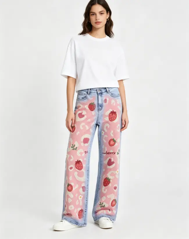 Pink Strawberry Leopard Gradient DTG Print Wide Leg Jeans Cute Kawaii Baggy High Waist Denim Pants Y2K Sweet Girl Trousers