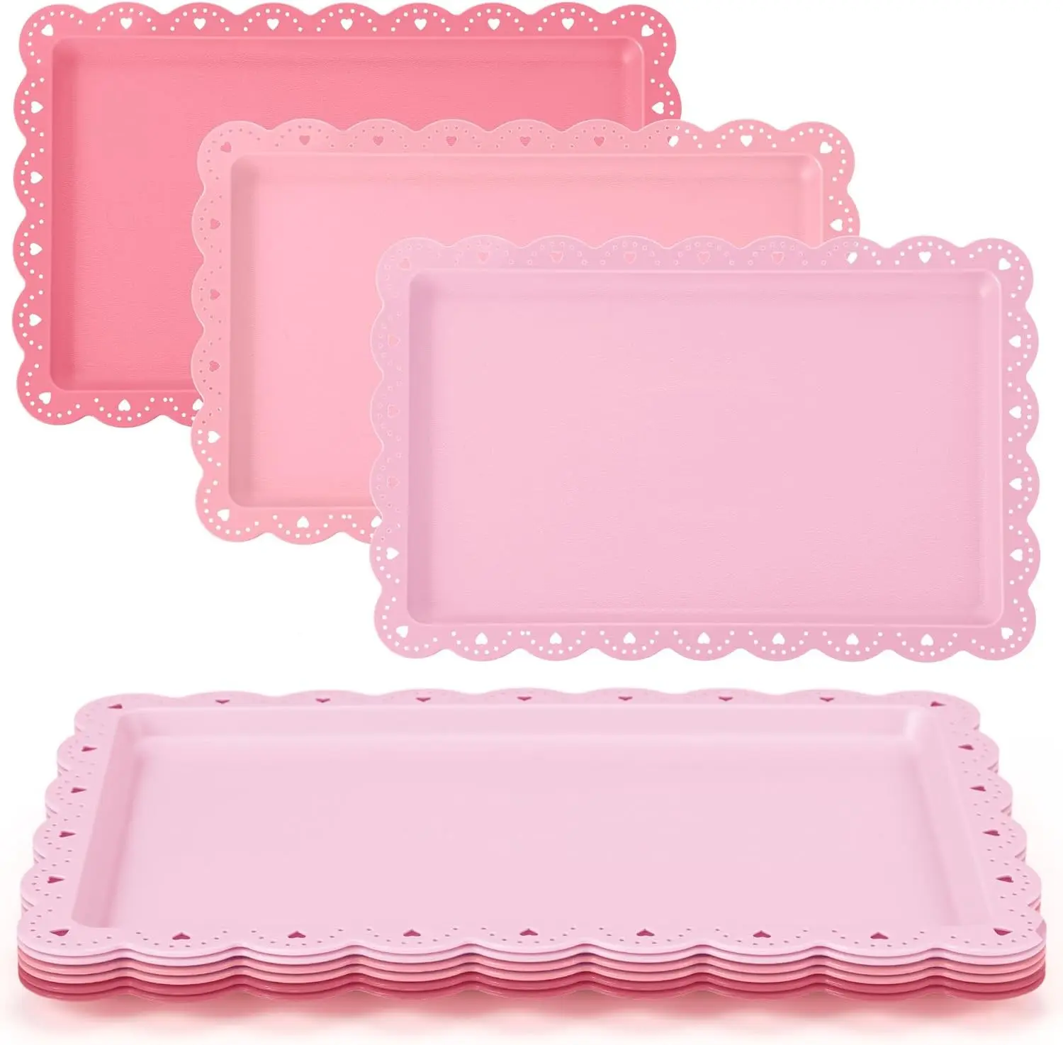 6 Pcs Pink Serving Trays Plastic Food Platters | Cookie Dessert Holder, Cupcake Trays for Parties, 14.4 x 9.3 Inch, Rectangular Snack Display Serveware for Wedding Restaurant