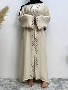 Women's Solid Color Beaded Decor Long Sleeve Abaya, Modest Fashion Long Dress for Daily Outdoor Wear, Women's Islamic Clothing for Spring & Fall