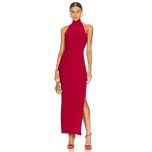 Norma Kamali Halter Turtleneck Side Slit Gown in Red