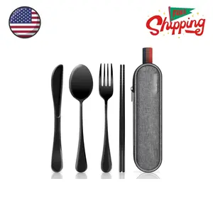 Utensils with Case, Silverware Set for Work, Stainless Steel, Black