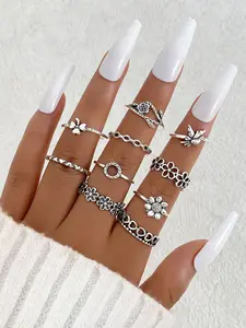 Vintage Hollow Out Flower Heart Bird Ring Set for Women, 10 Piece Silver Color Stackable Rings Gift, Elegant Jewelry Accessories, Stacking Rings