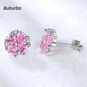 【Must be】 Pink Heart Flower S925 Sterling Silver Stud Earrings - Lab-Created Moissanite with Accent Stones | Cute Gift for Women (Birthday/Mother’s Day/Christmas) | Wedding Daily Jewelry