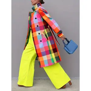 Women's Colorful Plaid Trench Coat Button-Up Belted Design Machine Washable Polyester Outerwear