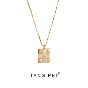 "Chessboard" White and gold Chessboard pattern Pendant necklace ZG-01281