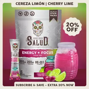 Salud 2-in-1 [Energy + Focus – Cherry Lime] Clean Energy Drink Mix, Agua Fresca, Organic Caffeine, B6 & B12, L-Theanine, Drink Packets, Non-GMO, Gluten Free, Vegan, Low Calorie, 1g Sugar (15 Servings)