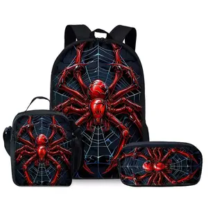 Sparkling Red Spider Print Backpack Set - Lightweight PVC, Adjustable Straps, Zipper Closure, Hand Washable - Stylish Black Spider Design