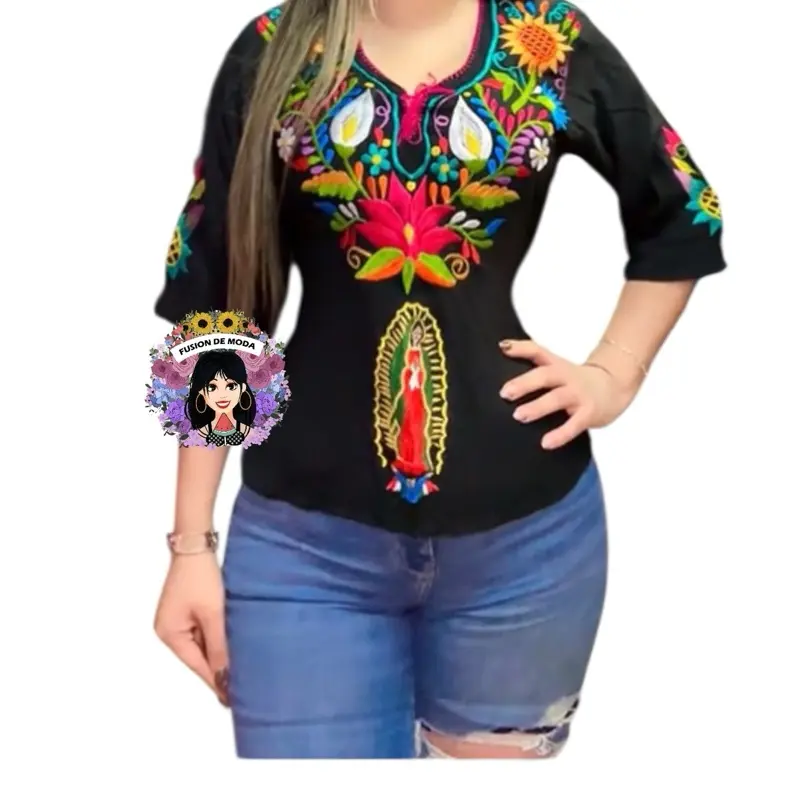 Blusa bordada virgen de Guadalupe en tela rayón manga 3/4 y cintas traseras para ajustarse