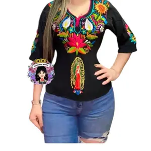 Blusa bordada virgen de Guadalupe en tela rayón manga 3/4 y cintas traseras para ajustarse