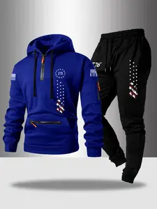 Men's Half-Zip Hoodie Set with Long Pants, Trendy Pocket Zip Design, Flag Pattern Print, Multiple Colors Available, Casual Streetwear