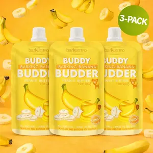 3pk Barkin Banana Buddy Budder Squeeze Pouch (4oz each)- All Natural Dog Peanut Butter, Perfect with Dog Enrichment, Treating, Training, Traveling