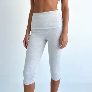 Women Capri Pants Solid Color Foldover Waistband Summer Casual Cropped Pants Stretch Crop Leggings