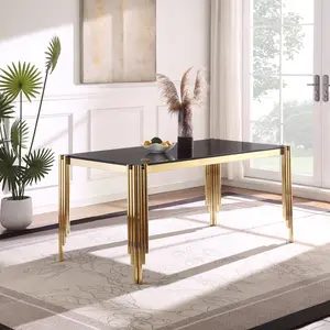 65' Rectangle Glass Dining Table, Tempered Glass Tabletop and Polished Gold Legs, Modern Style Table for Home, Kitchen. Dining Room