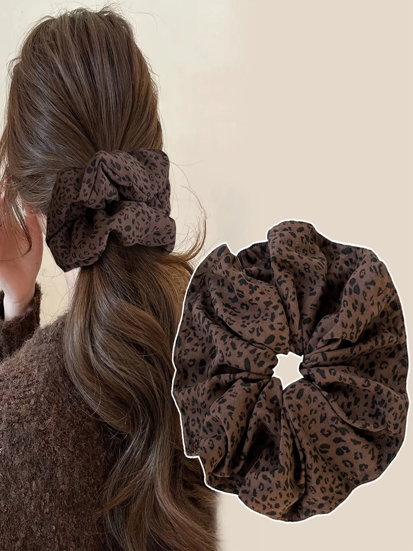 18cm Oversized Dark Brown Coffee Leopard Print Scrunchies Hair Scrunchies for Women - Big Scrunchie Exra Large Scrunchy for Curl Thick Hair Pony holder Fashionable Versatile High-End Elegant Simple Minimalist Solid Color Hair Tie Gift Present