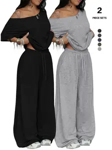 2026 Sexy off Shoulder Women Two Piece Set, Oversized Top & High Waist Wide Leg Elastic Pants, Summer Y2K Streetwear, Lengthen Legs, Casual Style