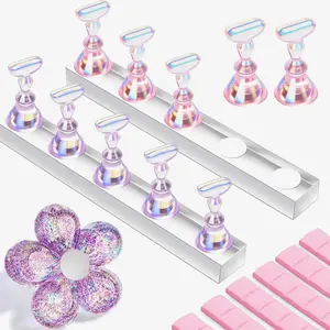Holographic Nail Stand for Press-On Nails DIY, Magnetic Holder, 1 Flower & 2 Long Bases, Press-on Stand for Gel Curing, Beginners Practice Skills, Nail Tech & Content Creators Display Nails