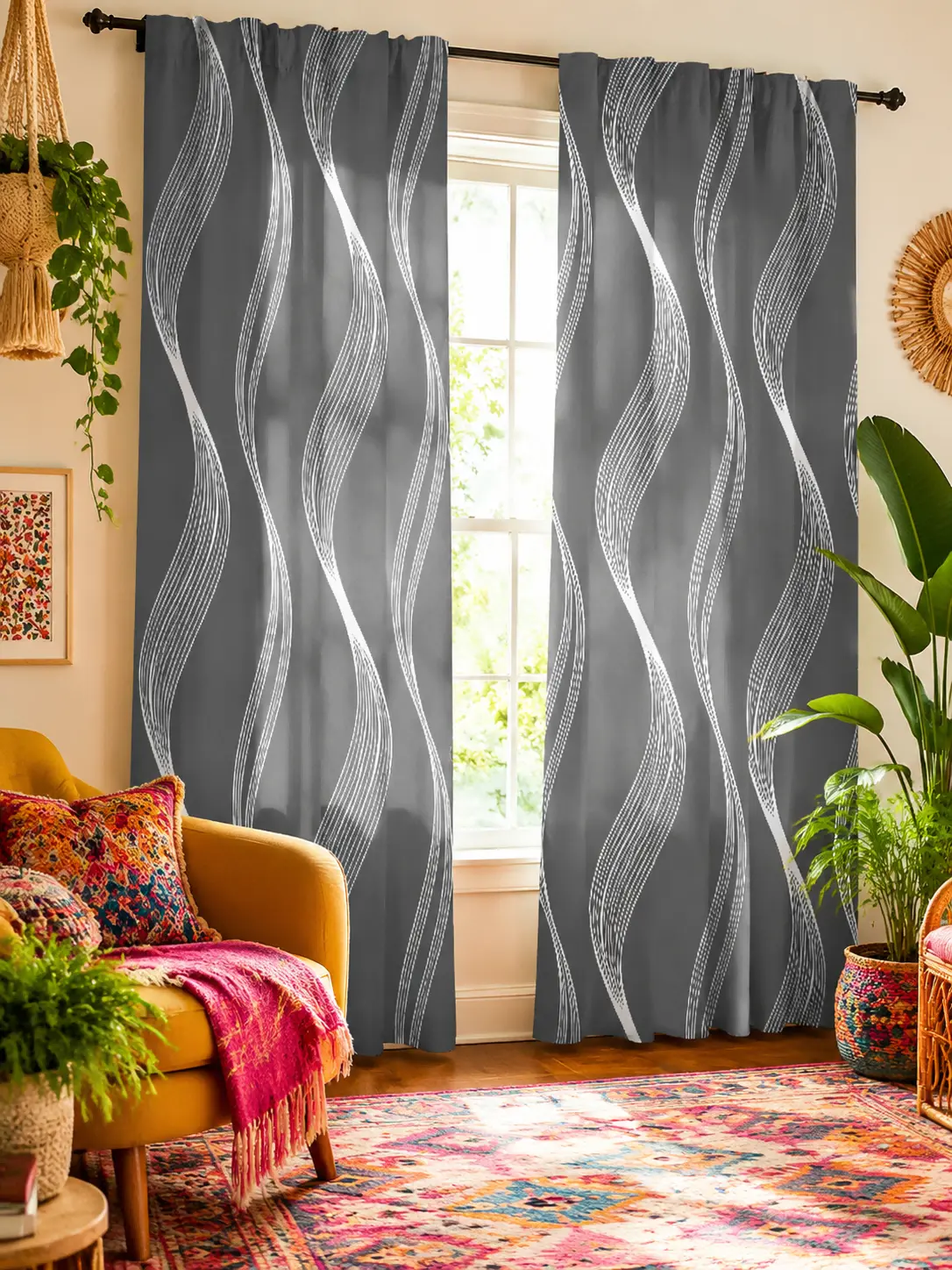 2-Piece Set Modern Silver Glitter Wave Print Grey Polyester Curtains, 2m Wrinkle-Resistant Abstract Vertical Line Light Filter Drapes for Minimalist Bedroom, 2 Piece Sets