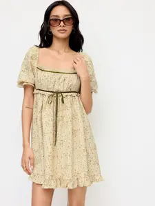 Cider Floral Square Neck Puff Sleeve Ruffled Smock Mini Dress