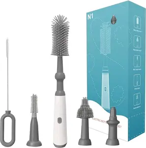 Electric Bottle Brush Cleaner Set, Electric Baby Bottle Brush Cleaner with Rechargeable Electric Bottle Cleaner and Silicone Bottle Brushes and Straw Brush, Automatic Bottle Cleaner Brush (Grey)