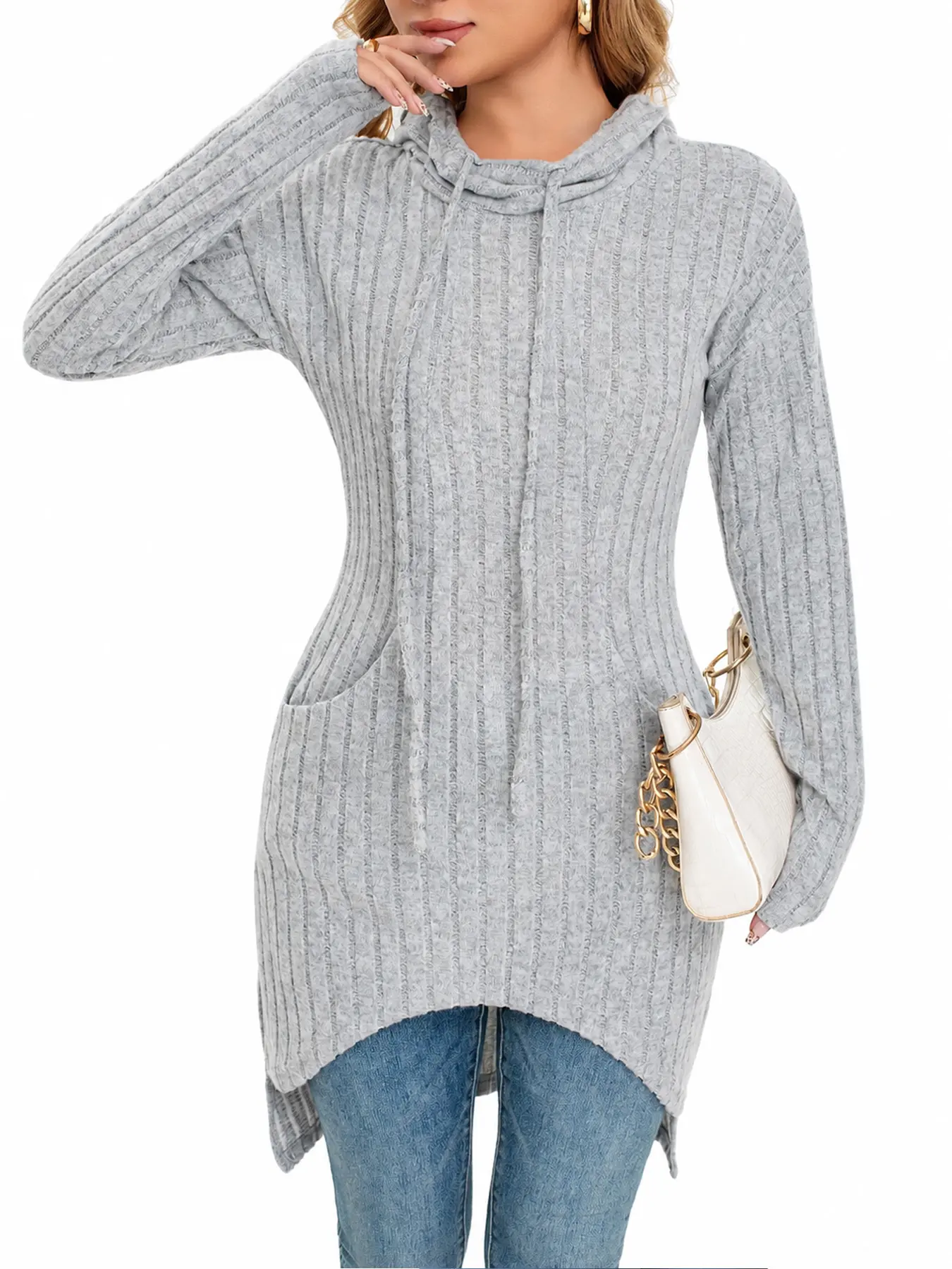 Women’s Long Knit Hooded Sweater Top – Soft Ribbed Pullover Hoodie with Front Pocket, Casual Cozy Fall Winter Tunic for Leggings Fit Kangaroo Day Breathable Fabric Womenswear Everyday Chic