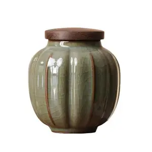 Ceramic Storage Jar with Wooden Lid, Crackle Glaze Finish, Sage Green, Traditional Design