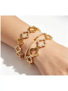 High-End Clover Shaped Cuff Bracelet, Gold Plated Stainless Steel, Sparkling CZ Stones, Women's Jewelry