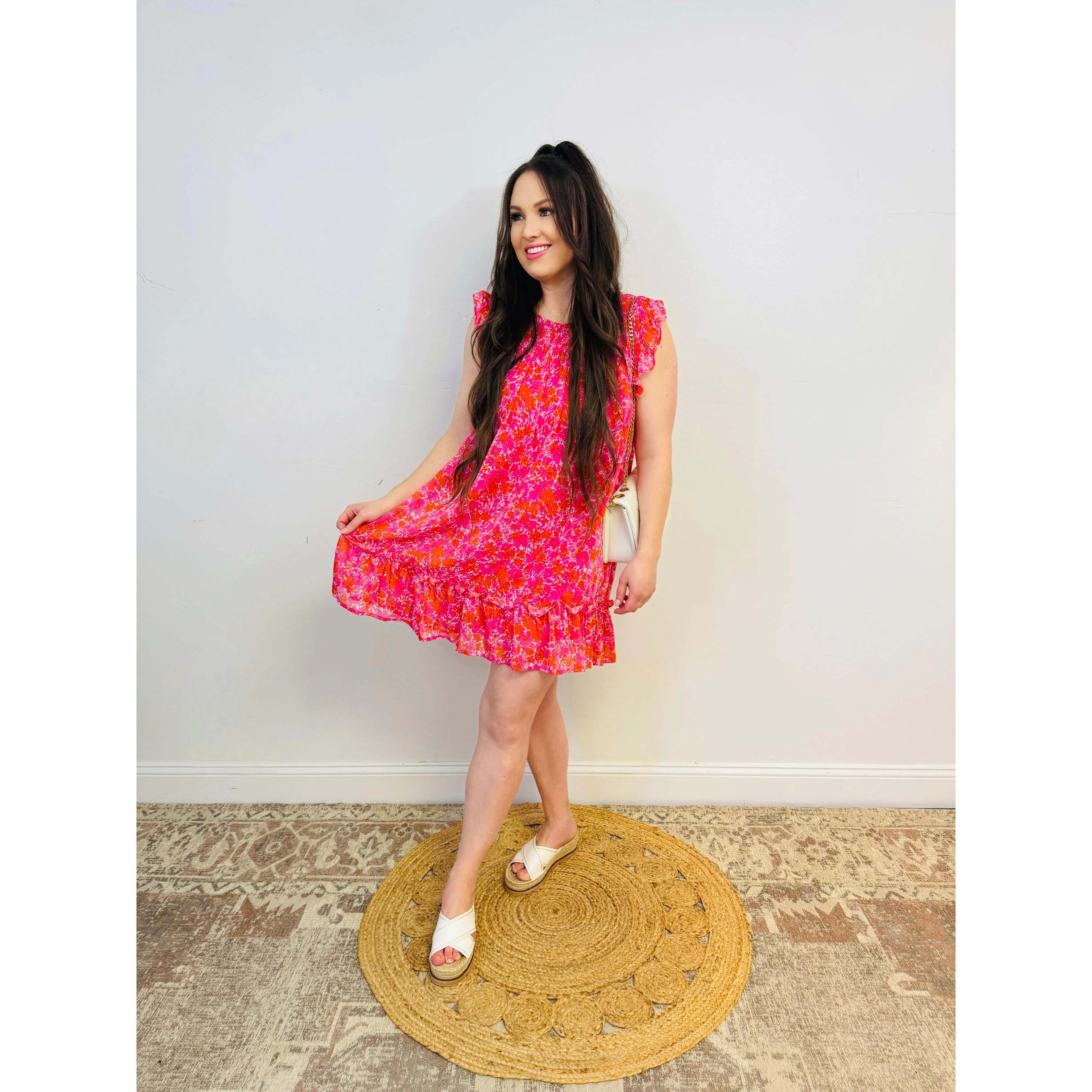 Floral Metallic Ruffle Cap Sleeve Dress