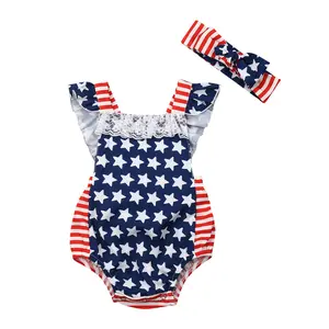 Baby Girls 4th of July Outfits Stars Stripe Print Patchwork Lace Romper Ruffled Bodysuit  Bow Headband Summer Set