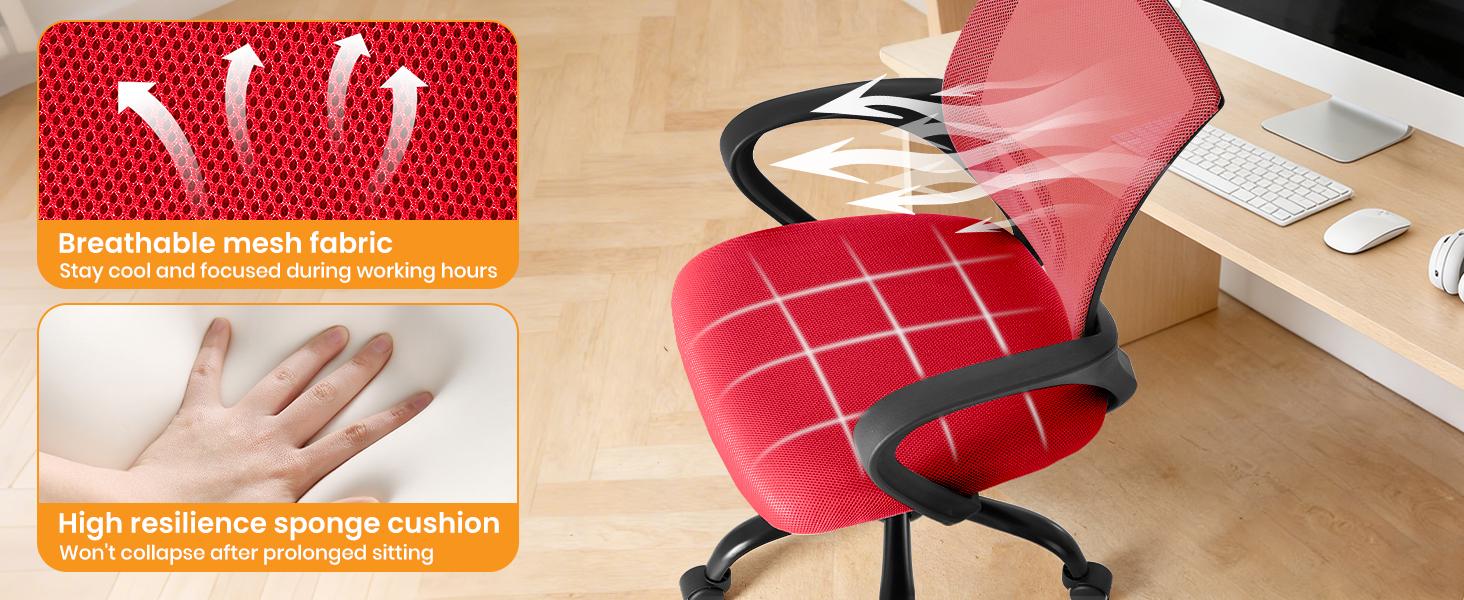 Ergonomic Mesh Office Chair with Lumbar Support, 120° Rocking & Height Adjustable Task Chair, Breathable Mid Back Computer Desk Chair with Fixed Armrest, 250LBS Capacity for Home Office