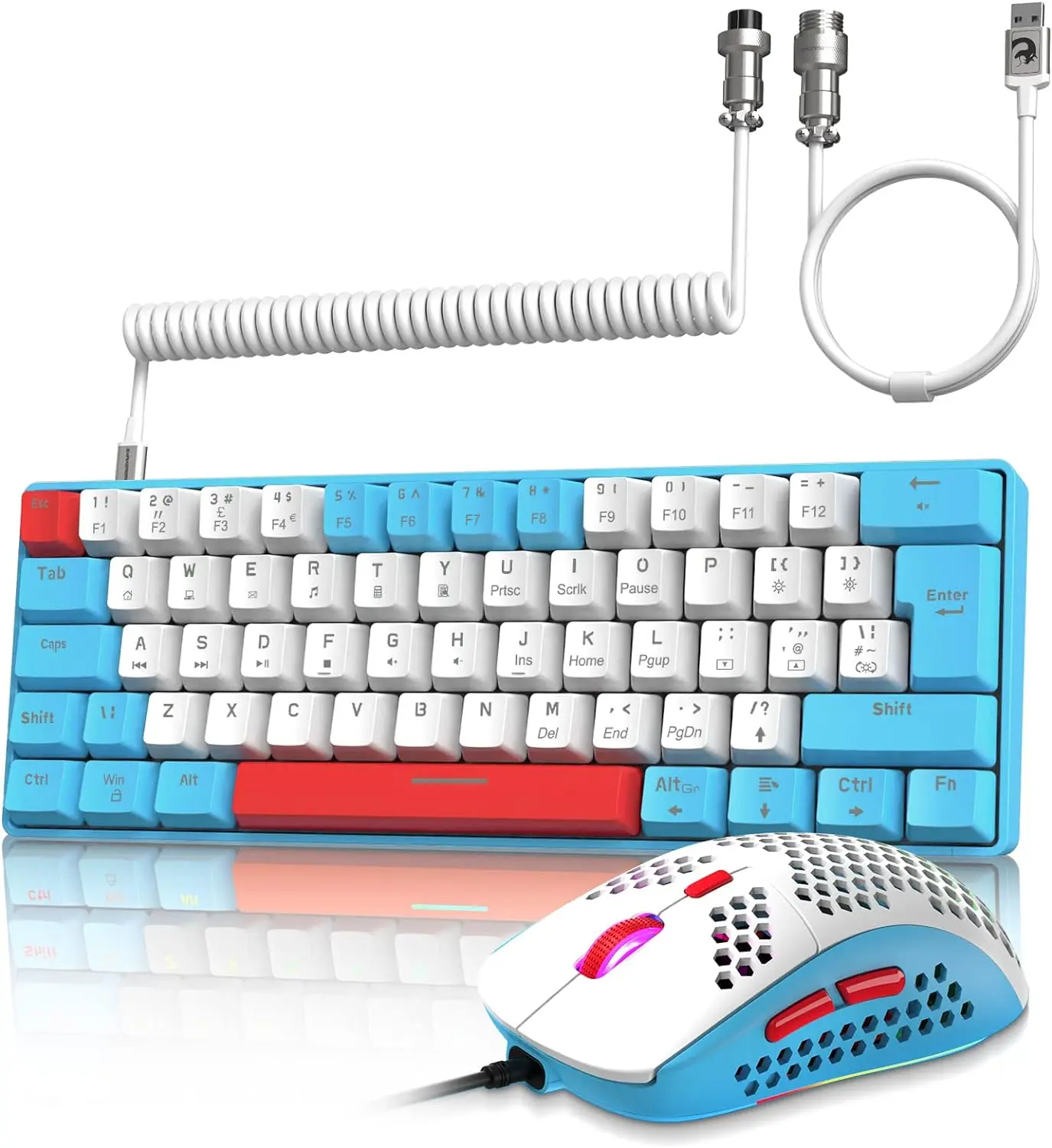 ZIYOU LANG RK-T60 Wired Mechanical Gaming Keyboard and Mouse Combo Mini Portable with Rainbow Backlit 62Key NKRO 6400DPI RGB Honeycomb Mice Coiled Aviator C Cable for PS4/PC/WIN Gamer, Gaming Keyboard Keyboards, Mechanical Keyboard Mouse