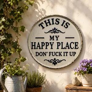 Funny Farmhouse Metal Sign – This Is My Happy Place Tin Wall Decor for Kitchen, Patio, Bar & Home | 12x12 Inch