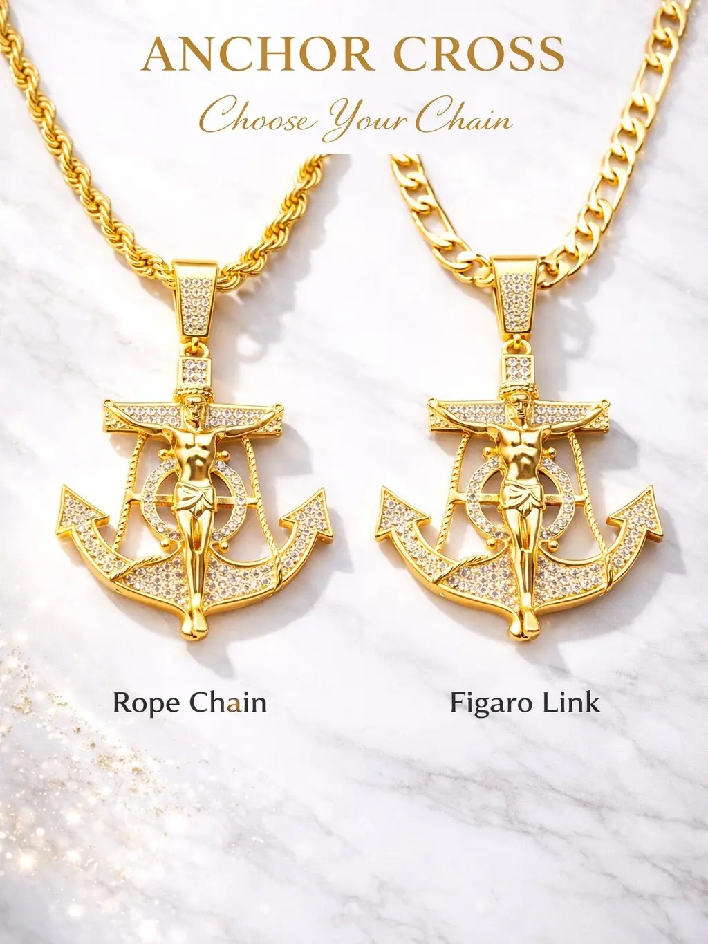 Bling Ancla - 14K Gold Plated Jesus Christ Anchor Zircon Pendant 2" Necklace Rope Torch Figaro Link Chain 18"-24" 3-8mm Width Fashion Luxury Religious Sailor Full Diamond Pendant