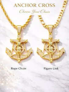 Bling Ancla - 14K Gold Plated Jesus Christ Anchor Zircon Pendant 2"x1.5" Necklace Rope Torch Figaro Link Chain 18"-24" 3-8mm Width Fashion Luxury Religious Sailor Full Diamond Pendant