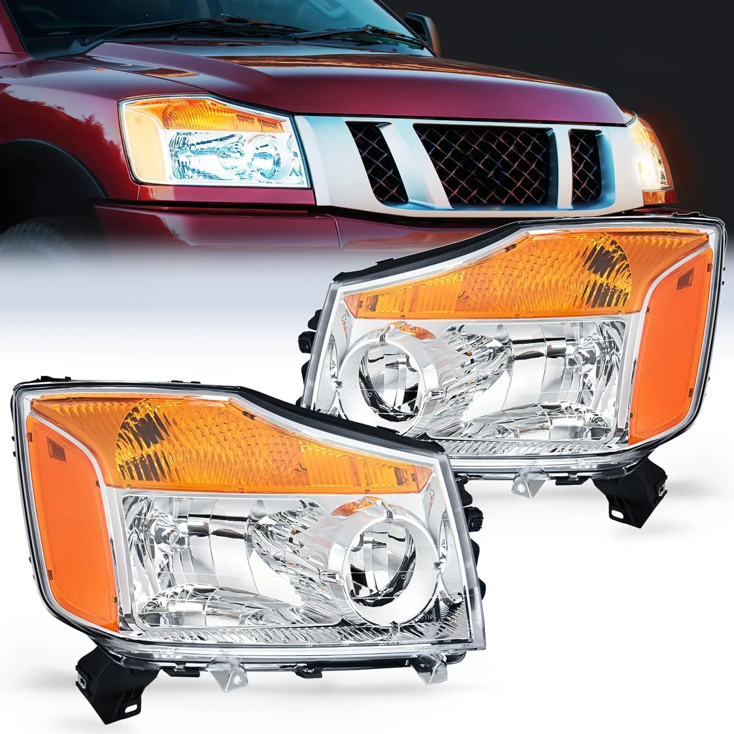 Nilight Vented High Lumen LED Headlight Assembly - Chrome Housing, Amber Reflector, Adjustable Waterproof LED Lights for Brightening, 2004-2015 Nissan Titan & 2004-2007 Armada Replacement