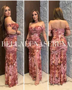 Bella Vida Corset Style Maxi Dress in Vibrant Red Floral Print with Off-the-Shoulder Sleeves