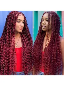 Burgundy Human Hair Braiding Hair 2 Bundles, 100g Each Bundle, Deep Wave Bulk Hair, 99g Brazilian Virgin Hair, Wet Wavy Texture, Ideal for Boho Braids & Mini Braids, Natural & Soft.