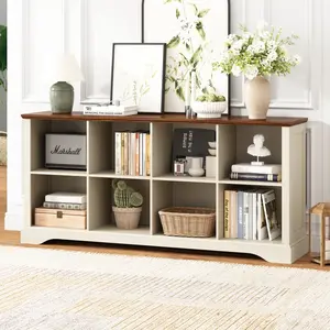 PieDle Furniture 6-8 Cube Storage Organizer - 62" Long Farmhouse Wood Low Bookshelf, Horizontal Open Shelf Bookcase Cubby Storage Console Cabinet for Living Room, Entryway, Office