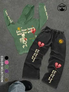 Y2K Grunge Streetwear Broken Heart Graphic Hoodie and Baggy Sweatpants Set - Oversized Rhinestone Tracksuit for Edgy Aesthetic Streetstyle Athleisure Wear Set