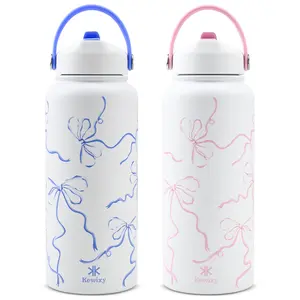 KEWIXY 32 oz Insulated Water Bottle with Straw, Pink/Blue Bow Coquette Aesthetic for Girls Women, Leak Proof, Reusable, 2 Pcs
