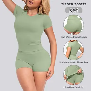YIZHEN Women's High Waist Sculpting Workout Set - Seamless 2-Piece Active Wear for Gym Yoga Pilates & Lounging - Soft Touch Fabric 4-Way Stretch Moisture Absorption Quick Dry Ultra Elastic Women's Bodycon Workout Tracksuit Set solid round neck sport tee