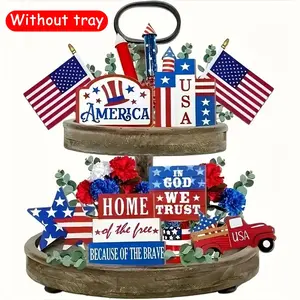 Independence Day Wooden Tiered Tray Decoration, 6 Counts/set American Independence Day Themed Desktop Ornament, Home Decor for Living Room Bedroom Dining Room, Home Ornaments