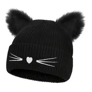 Cute Cat Ear Knit Beanie Hat with Embroidery, Acrylic Stretch Skull Cap, Warm Winter Anime Theme, Lightweight Gift for Valentine's Day
