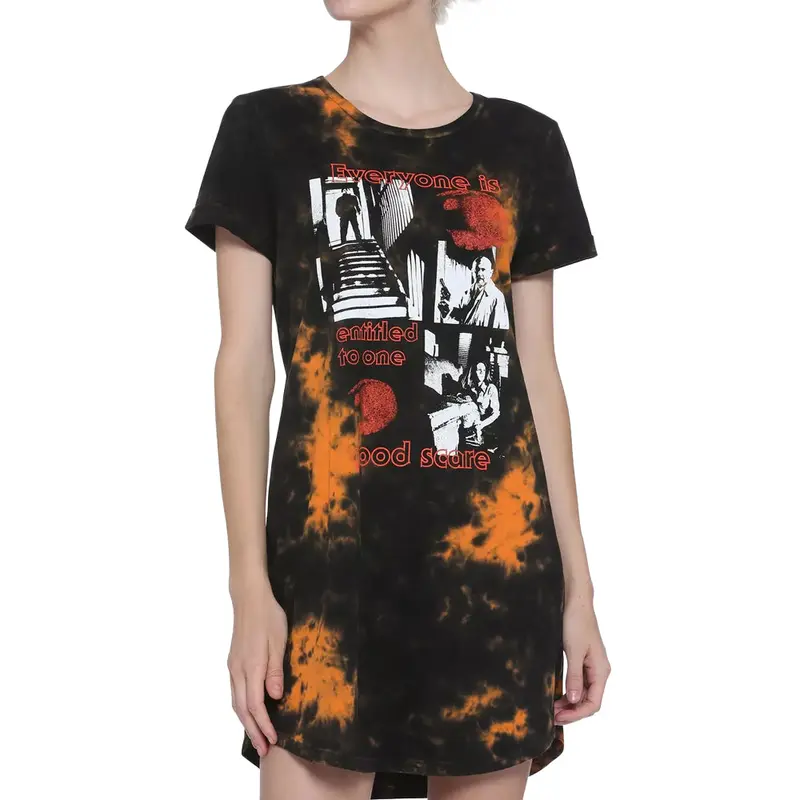 Women's Halloween Michael Myers Casual Fit T-Shirt Dress - Tie-Dye Short-Sleeve Cotton Round Neck, Black-Orange Collage Back Image, Cold Wash Summer Style
