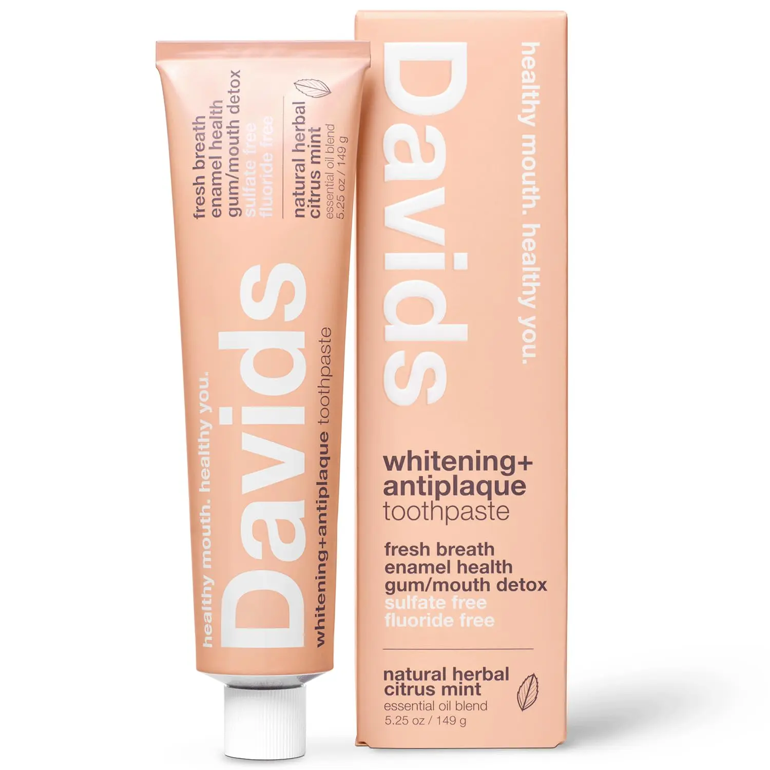 Davids Fluoride Free Toothpaste Whitening Herbal Citrus Mint 5.25oz | Antiplaque Protection,Promotes Enamel Health, SLS (Sulfate) Free Formula, Supports Mouth & Gum Detox, Safe for Kids & Adults