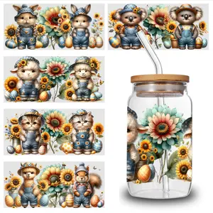 5 Sheets Sunflower Animal UV DTF Stickers UV DTF Transfer Paper for 16oz Glass Cups, Scratch-Resistant Decals with Vibrant Colors & Easy Application, for Mugs & Water Bottles, 4.3" x 9.4"