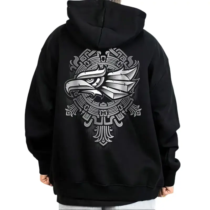 Unisex Mexican Aztec Eagle Graphic - Menswear Tops, Medium-Heavy Polyester-Cotton Fabric, Loose Fit for Easy Layering, Casual Streetwear, Chicano Style Gifts