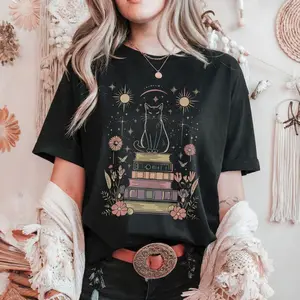 Mystical Cat Shirt Witchy Moon and Stars Tee, Celestial Floral Book Lover T-Shirt, Dark Cottagecore Gift Cat Mom, Magic Goth Dark Academia