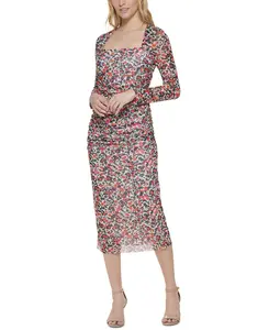 Tommy Hilfiger Women's Harbour Floral Mesh Ruched Midi Dress