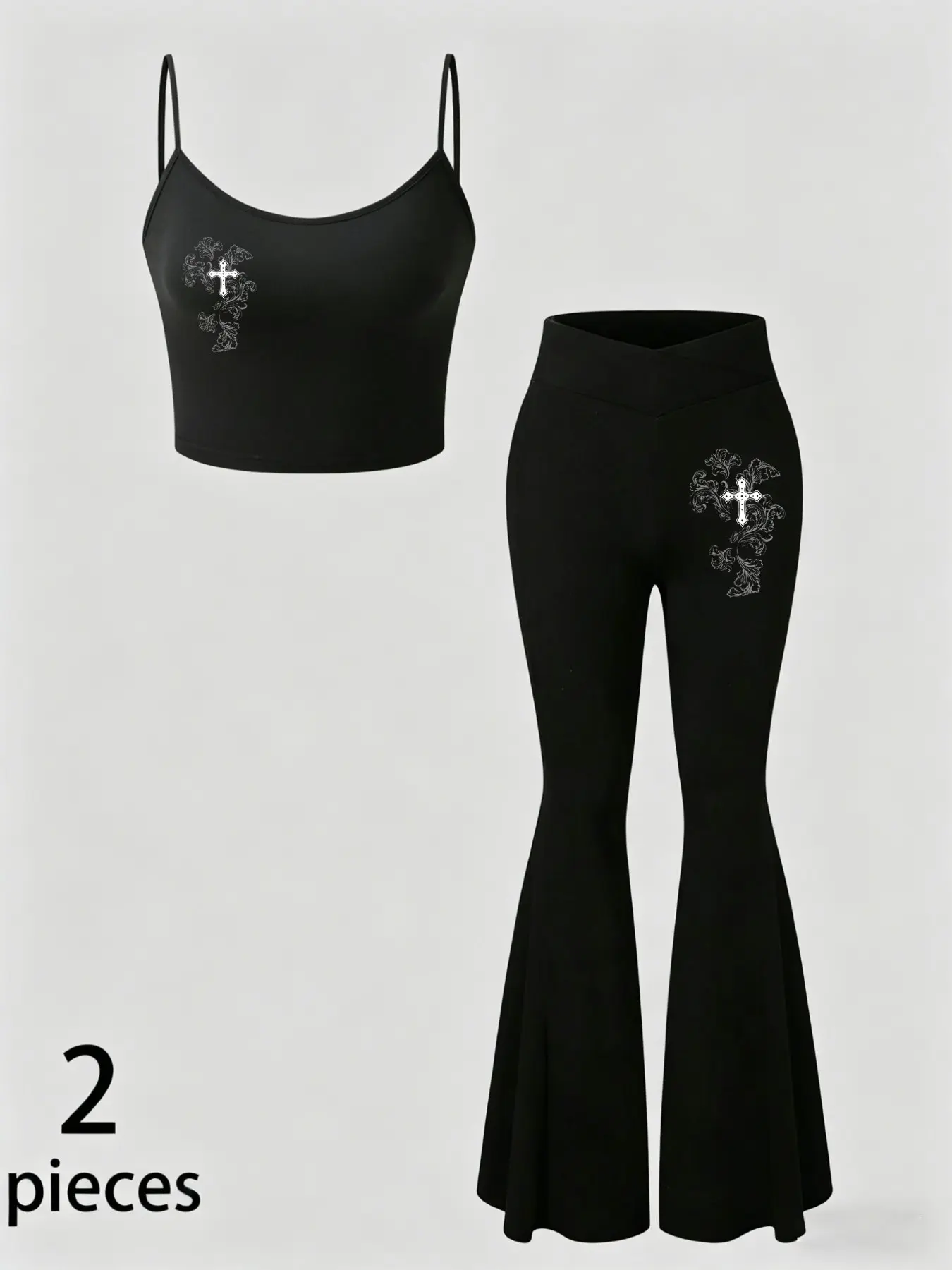 Women's Y2K Gothic 2 Piece Outfit, Cross Print Crop Cami Top & High Waist Flare Pants Set, Trendy Edgy Casual Matching Set For Rave & Streetwear #GothAesthetic